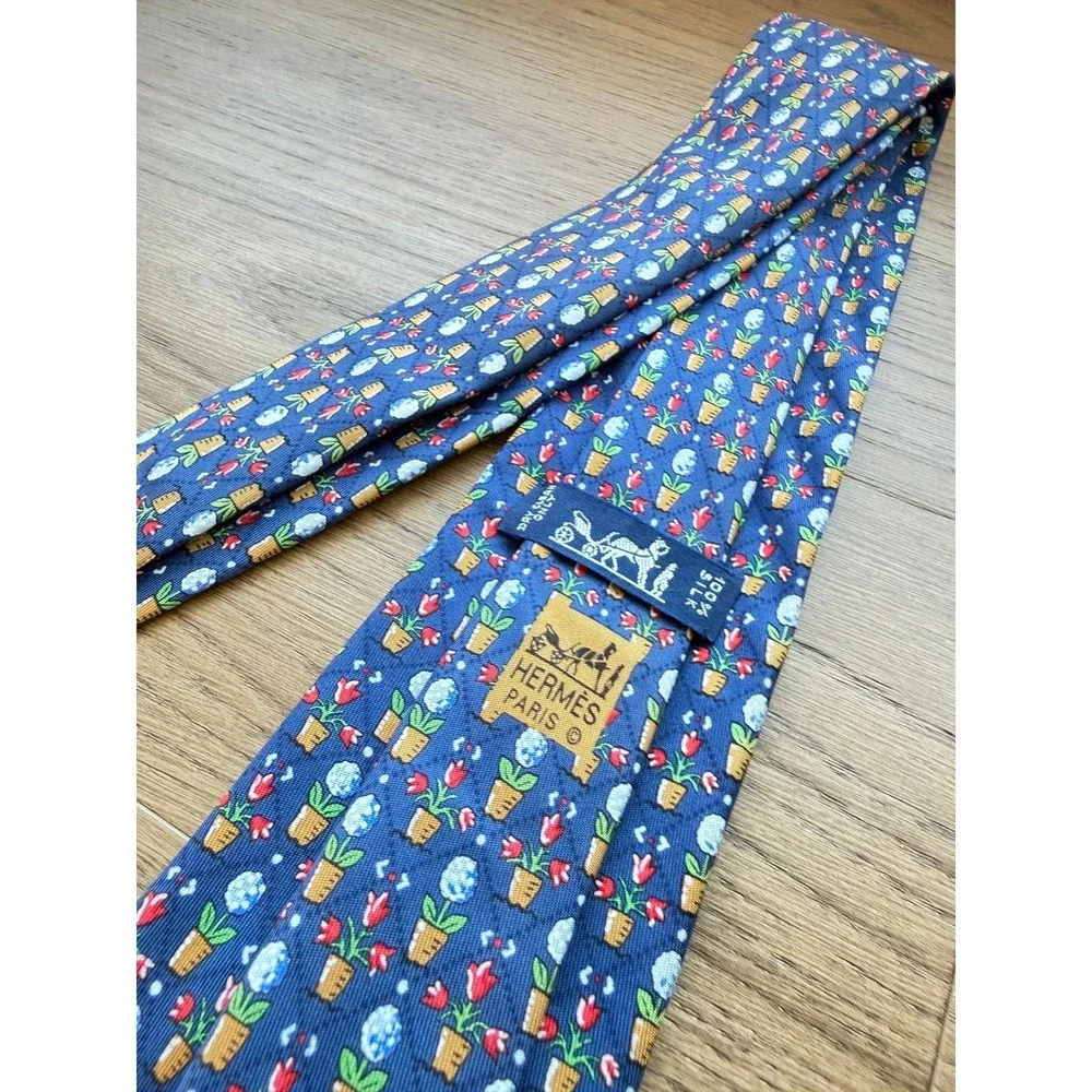 Hermes Paris Mens Blue‎ Silk Tie Potted Flowers Topiary Floral 7692 OA France